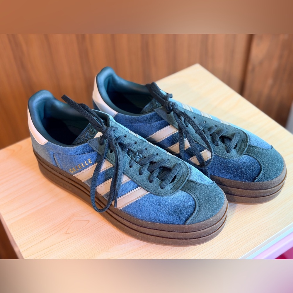 adidas Women’s Green Velvet Gazelle Sneakers with White Stripes